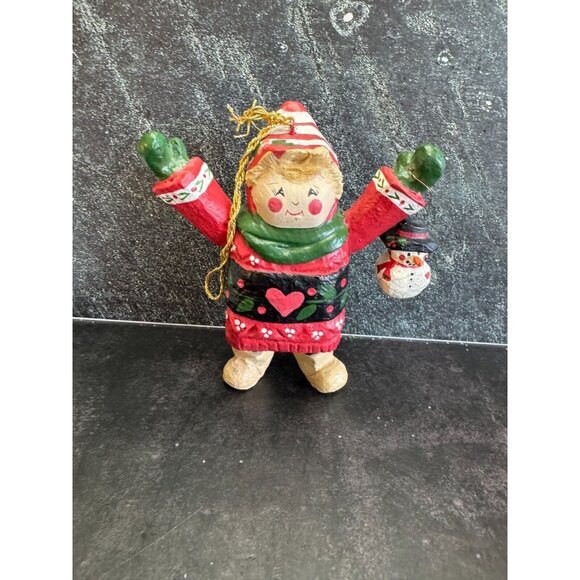 House Of Hatten Other - House Of Hatten Child Holding Snowman Ornament Denise Calla 1993 6"